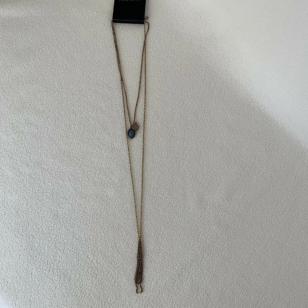 Forever 21 Necklace Gold Tone Chain Blue Stone Tassle